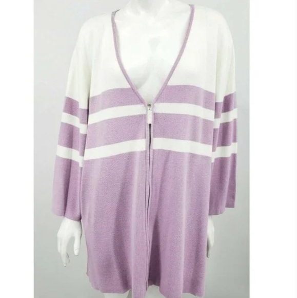 Bob Mackie wearable art deep v zip up sweater, purple, stripes women size medium - Picture 3 of 4